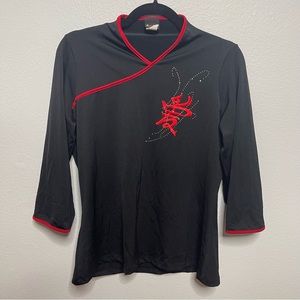 Y2k Vintage Mandarin Collar Shirt 1X EGen Black Red Chinese Rhinestone Made USA